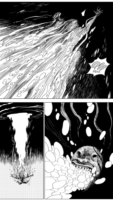 「銅(あかがね)の百尺口」(23/33)
宝具の鏡は川になり、姉は水没する。このまま沈んでくれれば助かるのですが、川から這い上がった姉は二本足から四本足になり、速度を上げて青年を追い掛けます。
#漫画が読めるハッシュタグ #中国漫画 #草原志怪 