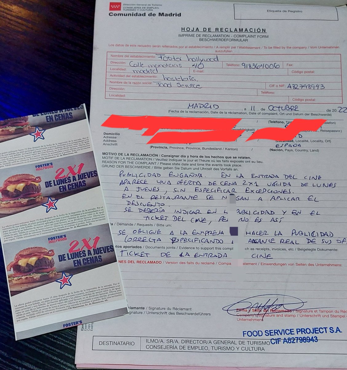 jj99211's tweet image. No se puede utilizar la publicidad engañosa para atraer clientes sabiendo que, una vez sentados, pueden sentir vergüenza de reclamar e irse.
Amigos, nunca os cortéis en poner una reclamación cuando os intenten engañar.
Muy mal @FosterHollywood 😡

@facua @RubenSanchezTW