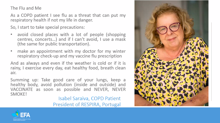 VaccinesEurope's tweet photo. Susanna Palkonen from @EFA_Patients shares patient stories at #EUFluDay: Isabel, a #COPD patient, sees #flu as a serious health threat and believes prevention is key. https://t.co/VOqZEKkEWi