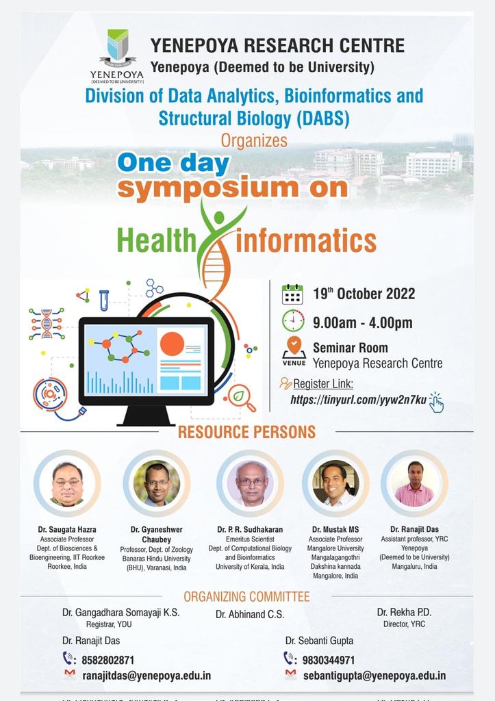 dasranajit1's tweet photo. First symposium (hybrid mode) organized by Data Analytics, Bioinformatics and Structural Biology Division (DABS), Yenepoya Research Center, Yenepoya (Deemed to be University), Mangalore, Karnataka 
#Healthinformatics #GenomicHealthcare https://t.co/bzxM7nSmNo