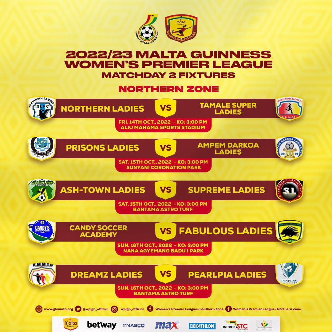 DeMaestroGh's tweet photo. 𝙈𝘼𝙏𝘾𝙃𝘿𝘼𝙔 2️⃣ 𝙁𝙄𝙓𝙏𝙐𝙍𝙀𝙎 🗓
Which game are you looking forward to the most? 👀👀
#MaltaGuinnessWPL lI #MGWPLwk2 II #BringBackTheLove ll #WPLUpdate ll #shedidthat ll #BetwayGh https://t.co/Y0XyhXjfV3