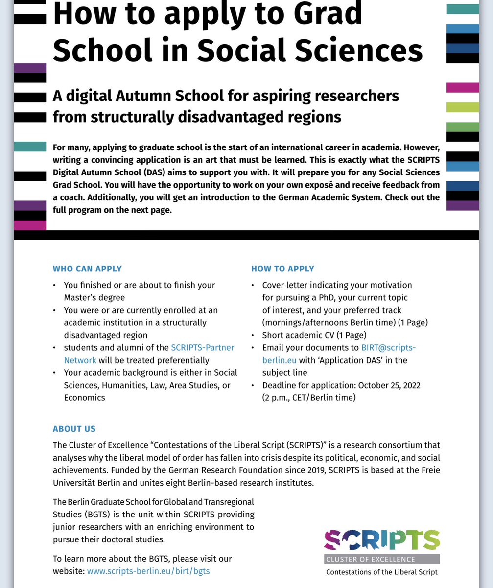MHahn_BLN's tweet photo. Super happy to announce the @scriptsberlin digital autumn school. It’s aimed at scholars from disadvantaged regions, who often do not have the same training when it comes to writing applications for grad schools. Please share the call widely: https://t.co/95BEd8js0z
#phdream #PhD https://t.co/0Nx8uPe5S4