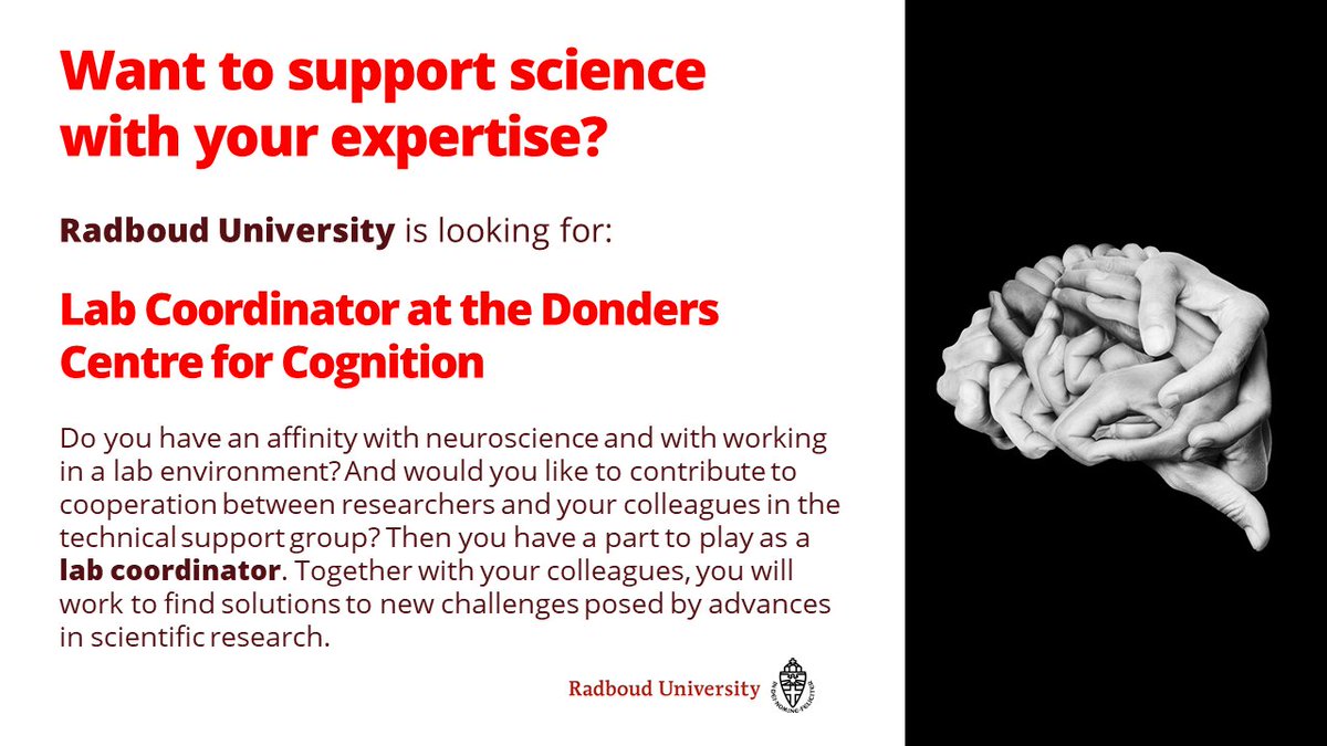 Job opportunity: lab coordinator at the Donders Centre for Cognition (DCC). Interested? Apply before 30 October.

ru.nl/en/working-at/…

#job #vacancy #jobopportunity #research #science #brain #cognition #labcoordinator #dondersinstitute