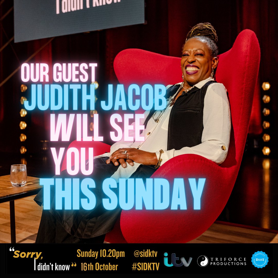 SIDKTelly's tweet photo. 🚨It's JUDITH JACOBS @JJyabbas🚨

👉🏿She'll join @DaneBaptweets, @zoelyons &amp; @kenchengcomedy!

🙋🏿‍♂️Our Host @JimmyAkingbola returns w/ Team Leads @chizzyakudolu &amp; @EddieKadi.

🤷🏿 #SorryIDidntKnow is back THIS SUNDAY on @ITV 10.20pm for Ep3 of S3! 

📢 Join the Convo @SIDKTelly #SIDK https://t.co/WB20MwKEJD