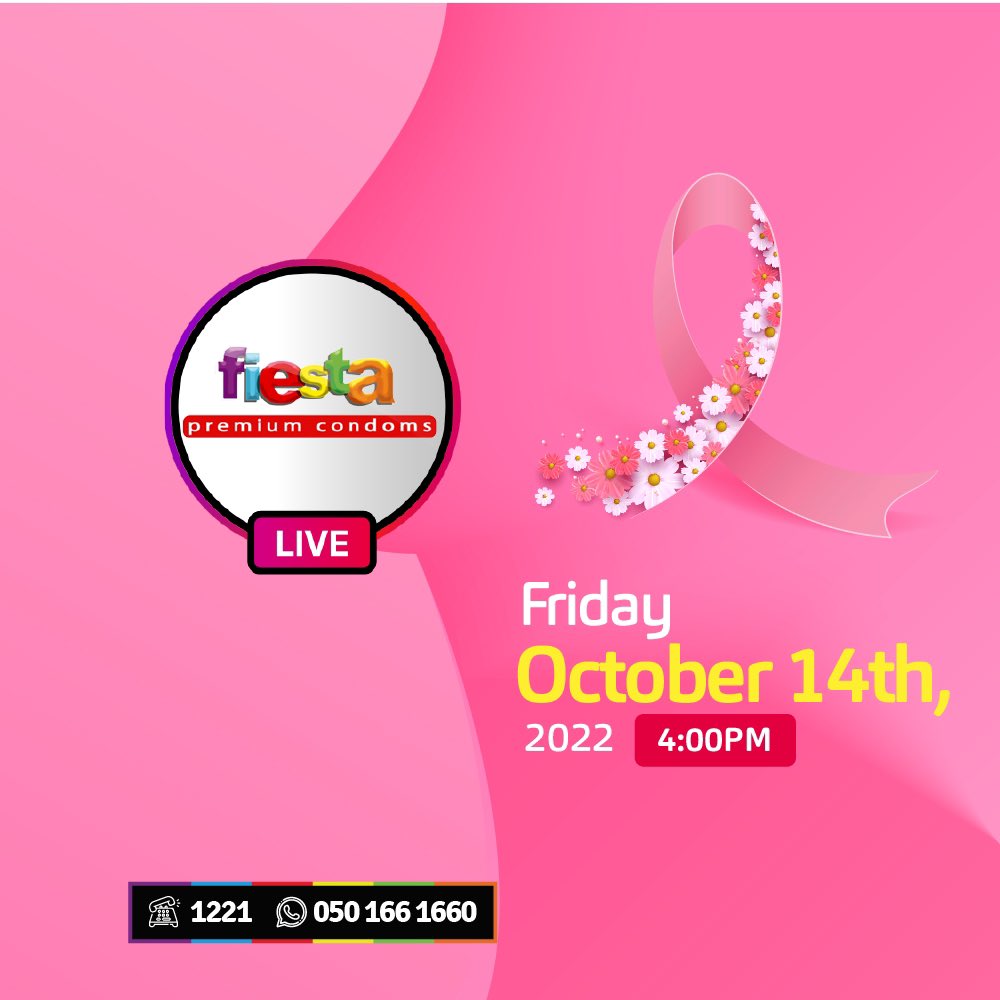FiestaCondomsGH's tweet photo. Fighting or watching a loved one battle breast cancer can be incredibly difficult. However, no one has to go through it alone.
Let's fight breast cancer together this Friday at 4pm live on Facebook.
#FiestaCondomsGH
#ChangeYourStyleEvenMore
#BreastCancerAwareness https://t.co/M126hhDm1c