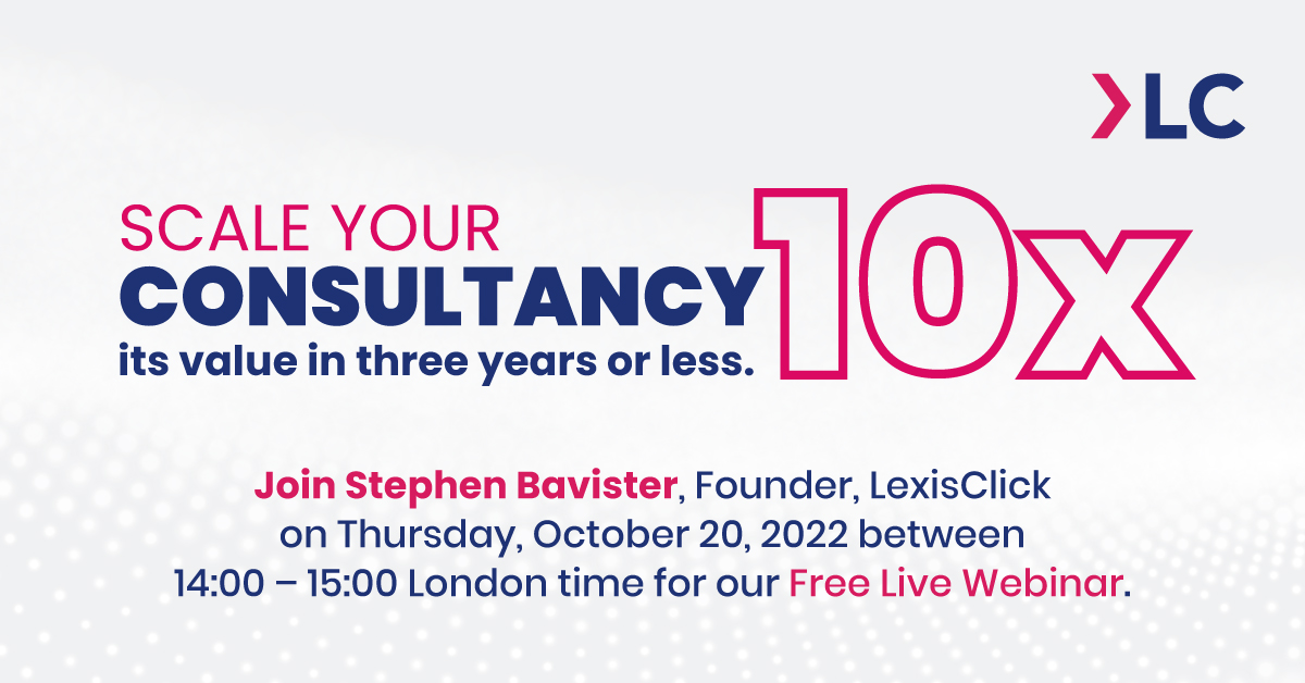Are you happy with the current growth state of your #consultancy? If you are like most consultants, you are looking to improve but don't know how to.

We are hosting a free #webinar, join us on October 20, 14.00 - 15.00 BST and learn how to scale. bit.ly/3yyuQH2.