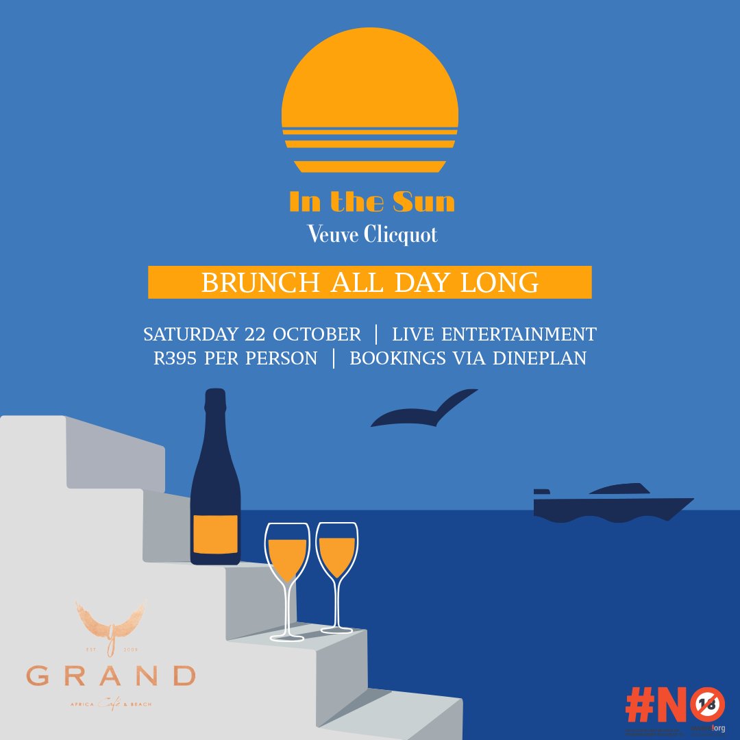CapeTownEtc's tweet photo. There's only one thing better than a glass of champagne...A bottle shared with friends!🥂
Enjoy a luxurious brunch, by Grand Cafe &amp; Beach and Veuve Clicquot. 
Sip on a glass of Veuve, indulge in delectable food, and enjoy live music.
Keeping you entertained from brunch to sunset! https://t.co/fMfKpxqkIG