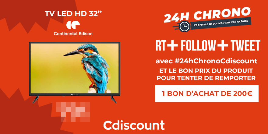 Cdiscount's tweet photo. #Concours
1 bon d'achat de 200€ à remporter 🎁

Cette TV CONTINENTAL EDISON sera en promo demain : saurez-vous trouver son prix exact ?
👉 https://t.co/16vAKsRwC8

✅ RT + FOLLOW + TWEET avec #24hChronoCdiscount + le bon prix

TAS demain à partir de 9h00 🙌 https://t.co/3GgCZRpRV6