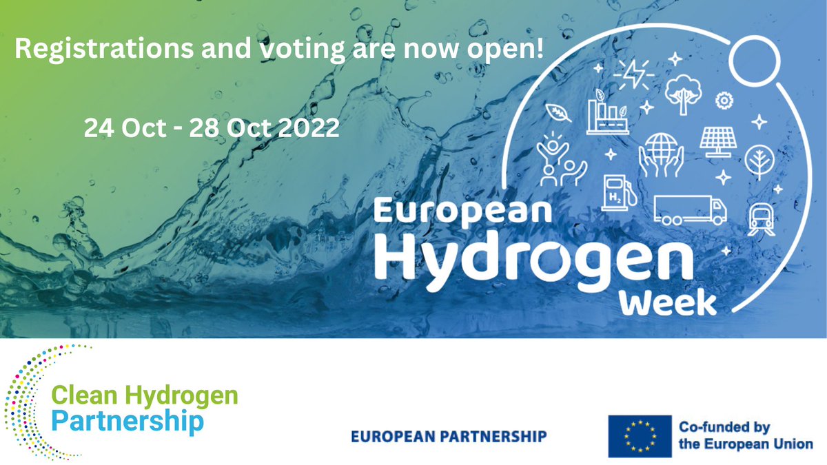 CleanHydrogenEU's tweet image. Make sure to attend The European #EUHydrogenWeek.

The 3rd edition will take place from 24-28 October 2022 and include:
📍A policy conference
📍Flagship events and expo
📍The Clean Hydrogen Awards
📍Programme Review Days
📍Side events

Register now: bit.ly/3dK7yqM