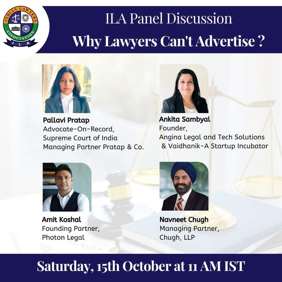 Why Lawyers Can't Advertise?

Should this #law change? What is the international scenario? What are the creative ways through which #lawyers can keep talking about their #brand?

Join us at this panel discussion to discuss this important issue.

Register us02web.zoom.us/meeting/regist…