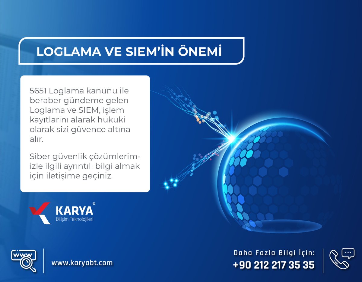 karya_bt's tweet photo. Loglama ve SIEM'in önemi. 5651 loglama kanunu nedir? Loglama neden gereklidir?
👉 https://t.co/s7A3SW3y28
#karyabt #cyber #loglama #SIEM #IT #Sibergüvenlik #bilgilendirme #log #5651logloama #loglama5651 #teknolojisektörü #cybersecurity #bilişimsektörü #siber #teknoloji #bilisim https://t.co/Ck3QdXdRRe