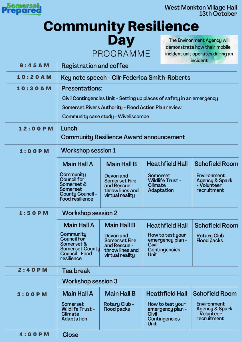 Getting excited about tomorrow's community event in West Monkton - we've got a great crowd coming. All free, buffet lunch included! You can still book tickets here: eventbrite.co.uk/e/somerset-pre…
<a href="/DSFireUpdates/">Devon and Somerset Fire and Rescue Service</a> <a href="/ASPolice/">Avon and Somerset Police</a> <a href="/somersetprepare/">Somerset Prepared</a> <a href="/EnvAgencySW/">Environment AgencySW</a> <a href="/Rotary/">Rotary International</a> <a href="/SomersetCouncil/">Somerset Council</a>
