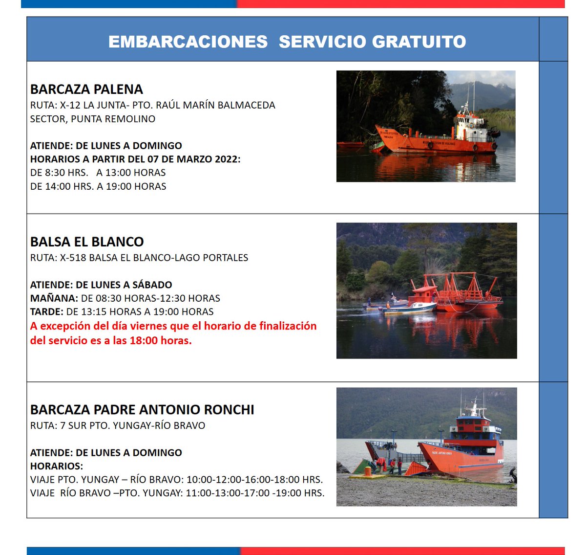 MOPAysen's tweet photo. ¡Buen día! Estos son las fechas y horarios de operación de las Balsas y Barcazas que entregan conectividad gratuita en la región de #Aysén durante todo el año. Conócelas aquí, y #PlanificaTuViaje @onemichile @sernaturaysen @radiosantamaria @Ventisqueros @DPRAysen @DPPAysen https://t.co/WB4owxzXLp