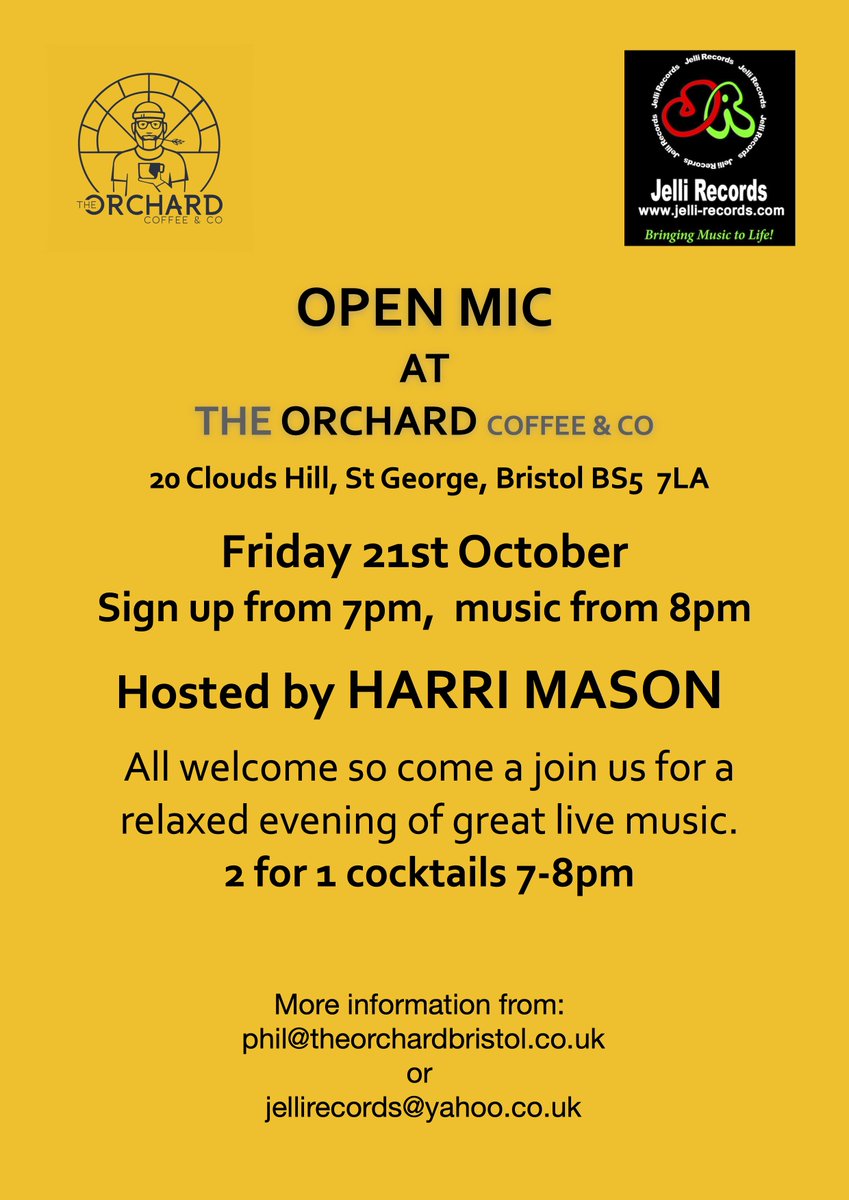 Jelli_Records's tweet photo. The next @Jelli_Records Open Mic is a New One for us at the Orchard Cafe, St George, Bristol hosted by @harrimason on Friday 21st October. https://t.co/3jPac9EbzU