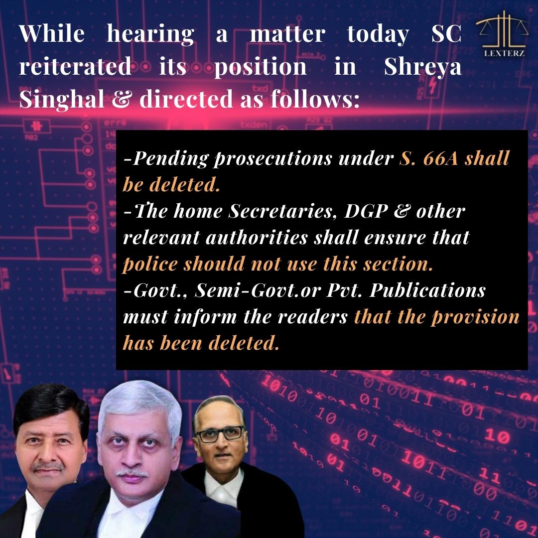 LexterzOfficial's tweet photo. SC held that no citizen shall be prosecuted u/s 66A of IT Act and also issued few directions for the authorities.

@EduMinOfIndia @GoI_MeitY

#India #SupremeCourtOfIndia https://t.co/B3xG4tp2ZP