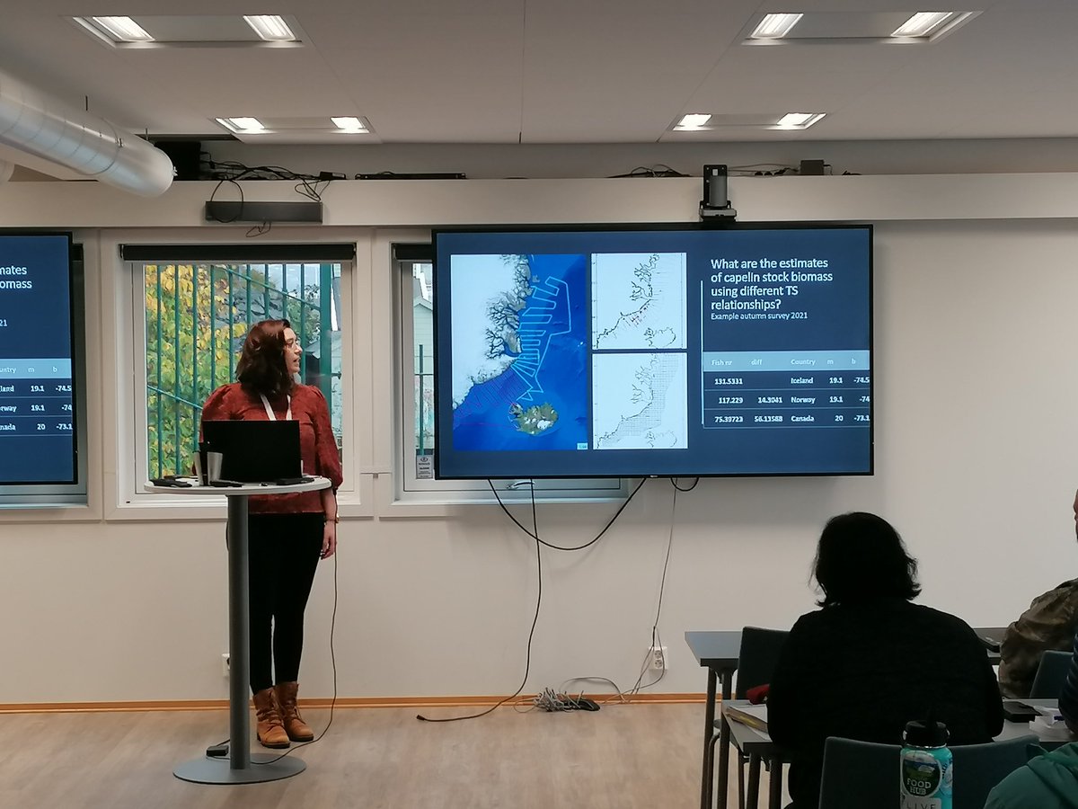 Final talk of the day by ECS Teresa Silva from MFRI discussing in situ target strength measurements of capelin in schools in the Iceland-East Greenland area. #Capelin2022