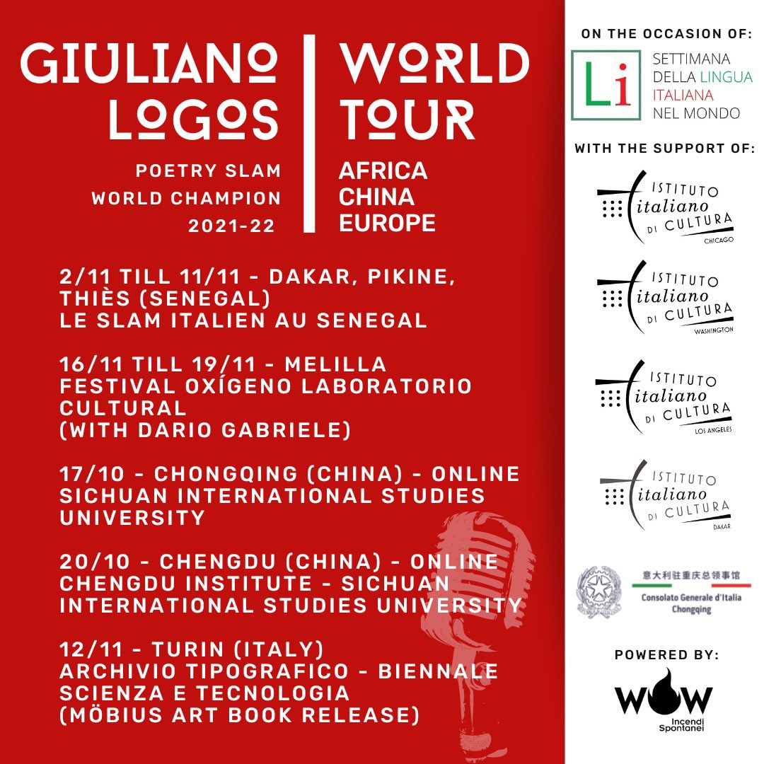 Our artist @GiulianoLogos in his WORLD TOUR: Poetry Slam World Champion
He will bring italian performance poetry in the world @IIC_Chicago @iicwashington @iiclosangeles @ItalyinSenegal @ItalyMFA 
#poetry #italianpoetry #poesia #poesiaitaliana #poetryslam #slampoetry