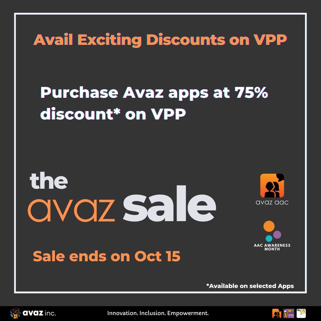 avazapp's tweet image. 75% OFF on VPP during Avaz Sale!
The sale ends on Oct 15.
Avail discounts here: avazapp.com/blog/the-avaz-…

#avazaac #avazapp #discounts #AAC #octobersale
