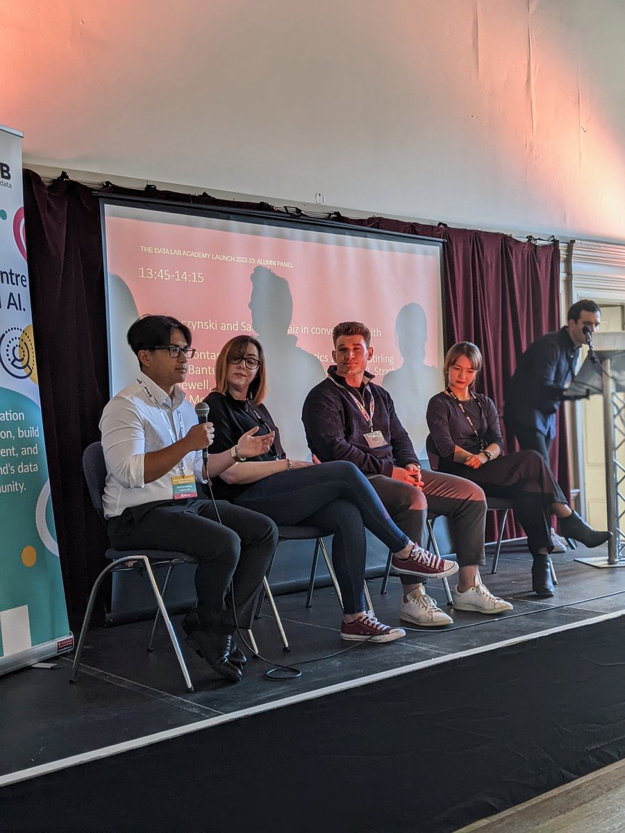 DataLabScotland's tweet photo. Panel Time! Geremy, Lyndsey, Adrian & Karen.
Our alumni talk to students about where they were before they joined the Academy, and what journeys the programme took them on.
#thedatalab #tdlacademy2223 https://t.co/dMgqRZfxsn