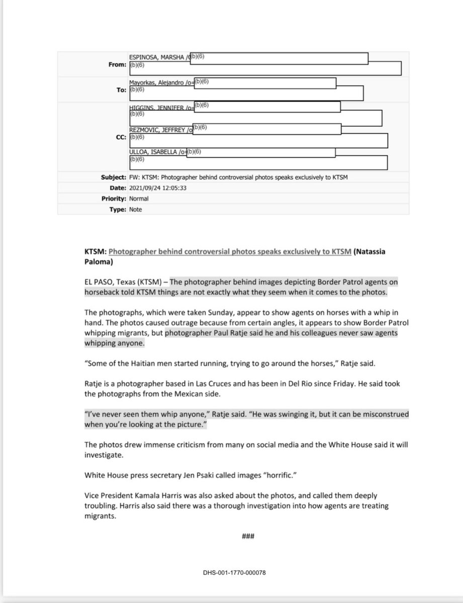 NEW: Email reveals DHS Secretary Mayorkas was alerted by DHS' top public affairs official that the 'whipping' narrative behind horseback BP photos wasn't true, but at a WH press conference 2.5 hours later, he didn't refute that narrative, instead calling the images 'horrifying'.