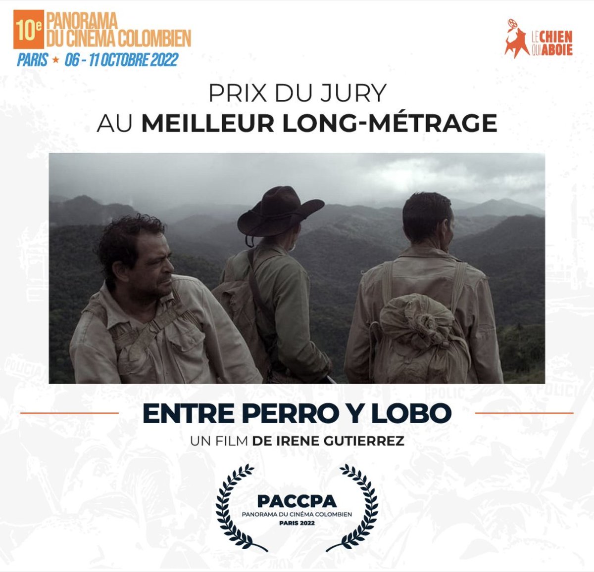 Muy feliz de recibir el Premio Especial del Jurado para #EntrePerroyLobo en el X Panorama de Cine Colombiano de París. Gracias @elperroqueladra por crear este hermoso encuentro y a todo el equipo de la película, especialmente a Miguel, Alberto y Estebita❤️🎬🇨🇺🇨🇴🏆