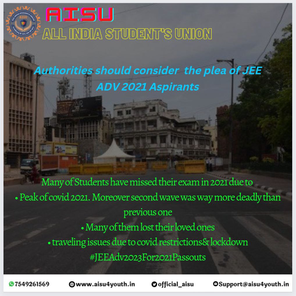 It's a humble request to Authorities to look into the matter of 2021 passout they suffered a lot. 
• Covid Pandemic
• Server Failure
• Double Registrations
• Software hacked by Russian
• Floods in Assam
So we demanding
#JEEAdv2023For2021Passouts