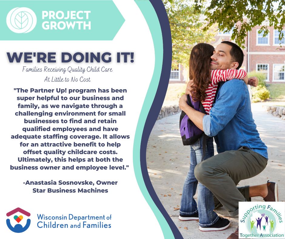SFTA_WI's tweet photo. Families are getting child care at a small cost thanks to the aid of their employers and Partner Up! grant funding. With the help of Partner Up! and their local Business Child Care Advocates, businesses are seeing higher retention rates. Call your local agency to learn more! https://t.co/Mj5VhSVELy