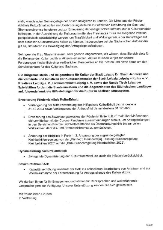 Konkrete Hilfestellungen für die Kultur: Die Stadt Leipzig hat heute gemeinsam mit den Vertreter/-innen der Leipziger Kulturverbände und Initiativen einen offenen Brief an Staatsministerin Barbara Klepsch und die Abgeordneten des Sächsischen Landtages unterzeichnet. Gern teilen!