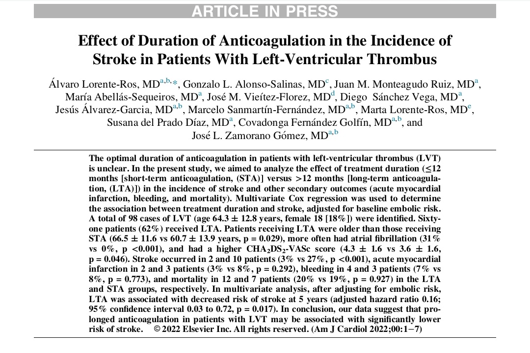 Gonzalo L Alonso Salinas (@gontxi7) on Twitter photo Orgulloso de haber colaborado en "Effect of Duration of Anticoagulation in the Incidence of Stroke in Patients With Left Ventricular Thrombus" en American Journal of Cardiology <a href="/ELS_Cardiology/">Elsevier Cardiology</a>
¡Probablemente, en trombo intraventricular tendremos beneficio en prolongar la ACO! Orgulloso de haber colaborado en "Effect of Duration of Anticoagulation in the Incidence of Stroke in Patients With Left Ventricular Thrombus" en American Journal of Cardiology <a href="/ELS_Cardiology/">Elsevier Cardiology</a>
¡Probablemente, en trombo intraventricular tendremos beneficio en prolongar la ACO!