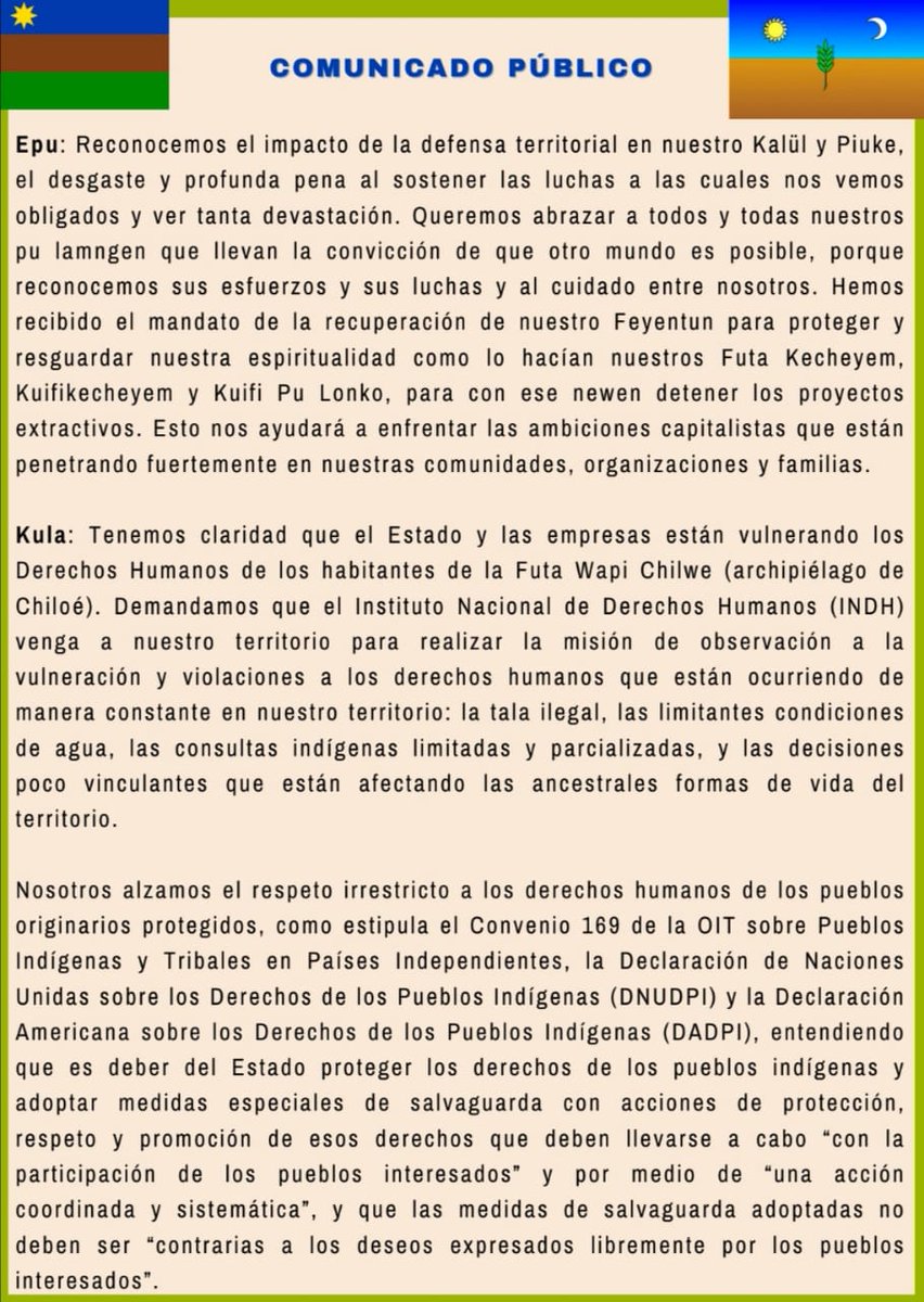 MawidaPiwchen's tweet photo. 🔊 Comunicado Público; Trawün Lof Gamboa Mapu Mo
Se están violando #DDHH en la Futa Wapi #Chilwe, el ingreso de nuevos proyectos #extractivistas pone en peligro a nuestro itrofill mogen y las formas ancestrales de vida 🌱
Hacemos un llamado a la Futa Willi Mapu a organizarse ✊ https://t.co/YNhVdweoWv
