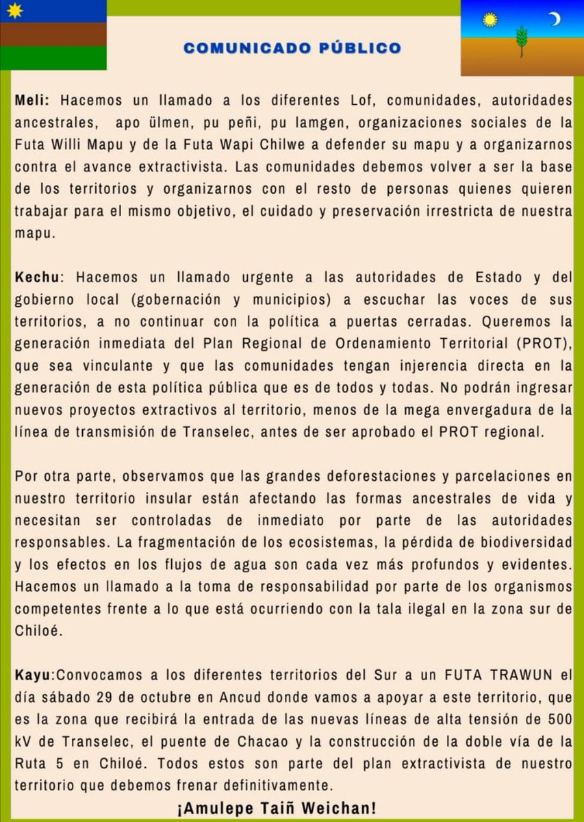 MawidaPiwchen's tweet photo. 🔊 Comunicado Público; Trawün Lof Gamboa Mapu Mo
Se están violando #DDHH en la Futa Wapi #Chilwe, el ingreso de nuevos proyectos #extractivistas pone en peligro a nuestro itrofill mogen y las formas ancestrales de vida 🌱
Hacemos un llamado a la Futa Willi Mapu a organizarse ✊ https://t.co/YNhVdweoWv