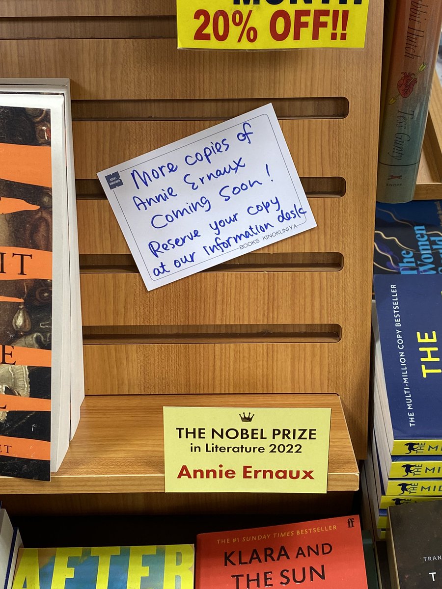venusdemeelo's tweet photo. 2022 Nobel Laureate in Literature Annie Ernaux’s books are already sold out in Kinokuniya Bookstore in Shibuya, Tokyo.

Ended up buying another book of Olga Tokarczuk. 👍 https://t.co/U6xJVq3QRP