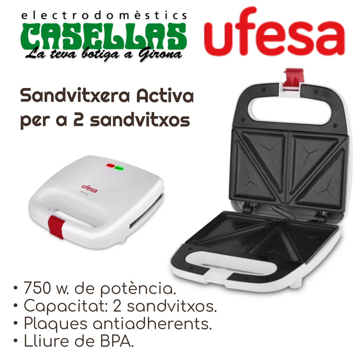 CASELLAS_Gi's tweet photo. Sandvitxera Activa per a 2 sandvitxos de 750 w. 
Tancament de seguretat i plaques antiadherents, cuina neta i sense risc d'accident. 
Disseny compacte i ús eficient.
Lliure de BPA. 

#SantaEugèniaDeTer #Girona #ComerçGirona https://t.co/k1kyE9eUeW
