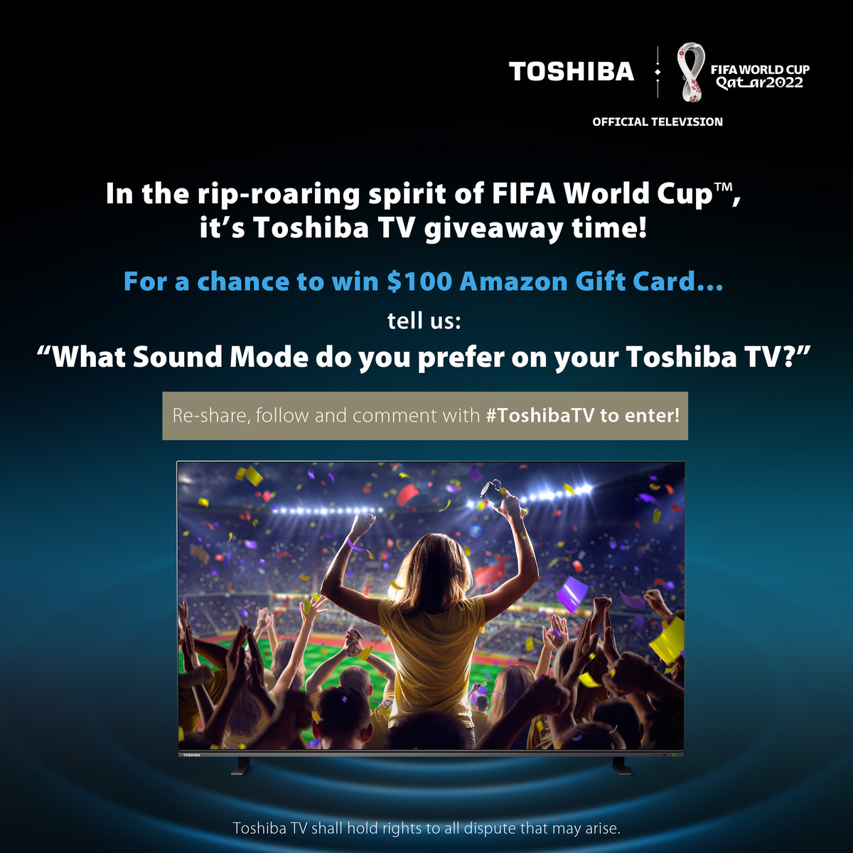 ToshibaTVGlobal's tweet photo. 👆 Follow our handle @toshibatvglobal
✌️ RT this post
👇 Comment your answer using #ToshibaTV

You just might be one of the 3 lucky winners of a $100 Amazon Gift Card each!

Giveaway ends on December 18, 2022.

#HomeEntertainment #ToshibaTV #FIFA2022 https://t.co/s3awPPtkCY