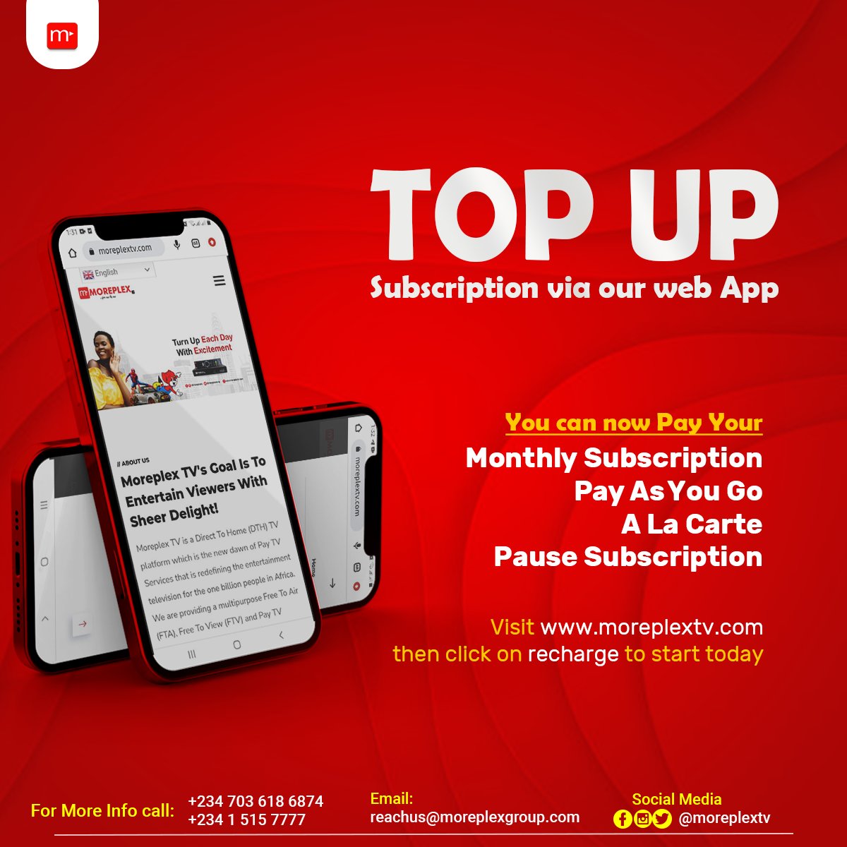 moreplextv1's tweet photo. To Subscribe your decoder is now faster and easier.
Visit https://t.co/oULFnN05Da, click on recharge.
You can Pay For you Subscriptions plans, choose channels to view and Top up your decoder.
#Moreplextv #ForUsByUs #UnlimitedEntertainment #no1africandecoder https://t.co/A06CRrTx3G