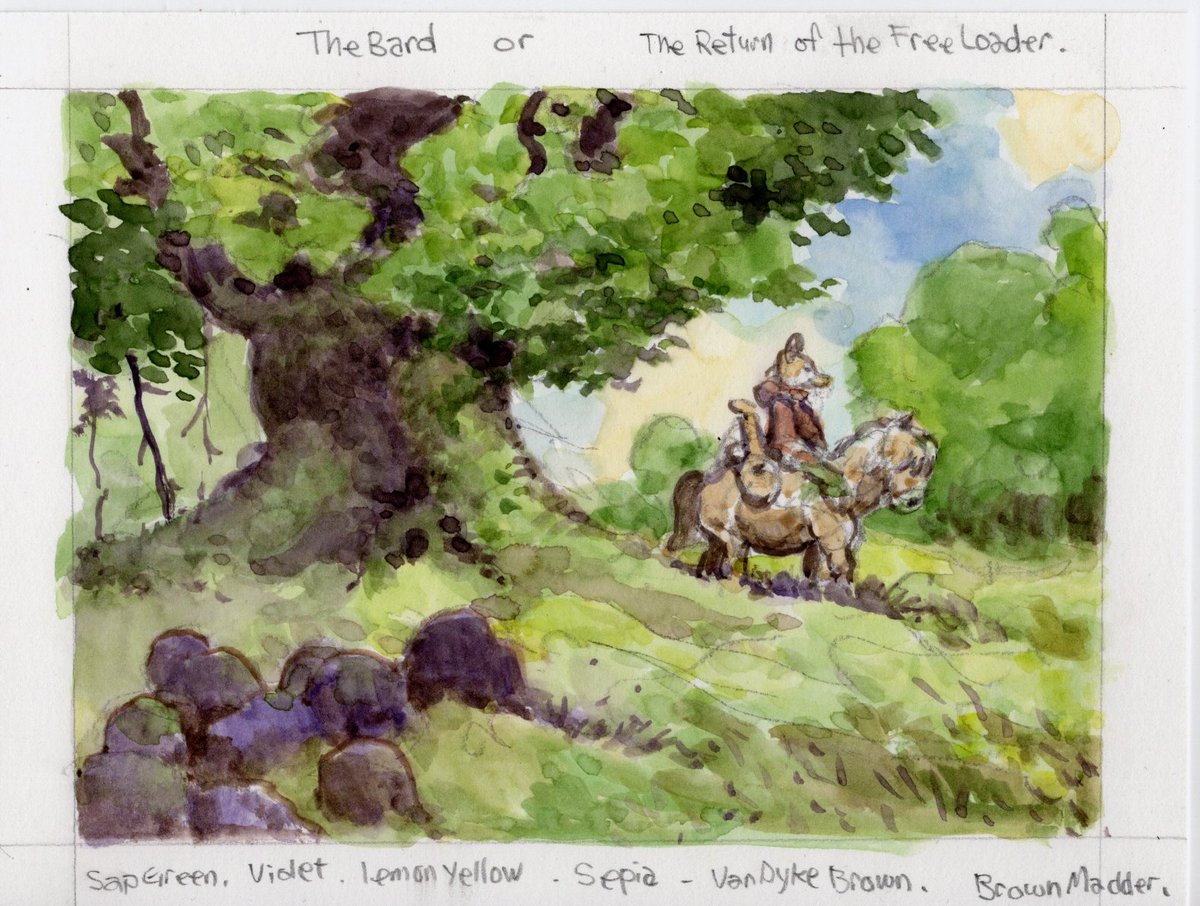 larrymacdougall's tweet image. Recent watercolour -  "Bard" or "Return of the Freeloader". I've included a couple of smaller colour roughs in this post as well. Just some warm-up tries.Thanks again for all of your support and encouragement. More soon. 🎃