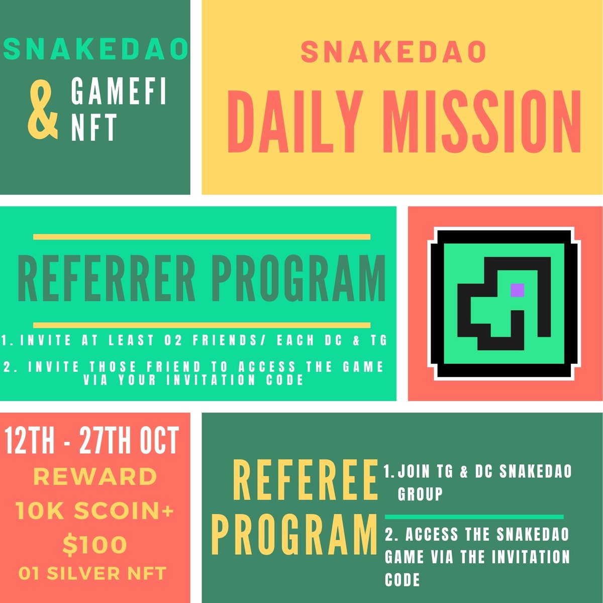 TheSnakeDAO's tweet photo. SNAKEDAO DAILY MISSION goes live on TG &amp; DC

🕧 From 12th Oct to 27th-Oct-2022
🗺 SnakeDAO TG &amp; DC 

REWARD
🎁 100 USDT
🎁 10.000 Scoin
🎁 01 Silver Snake NFT

Mission A for Referrer
Mission B for Referee

Check it out 👉 https://t.co/p1Gu0w4d1j

#SnakeDAO #gamefi #NFTcommunity https://t.co/i4UF0LIO38