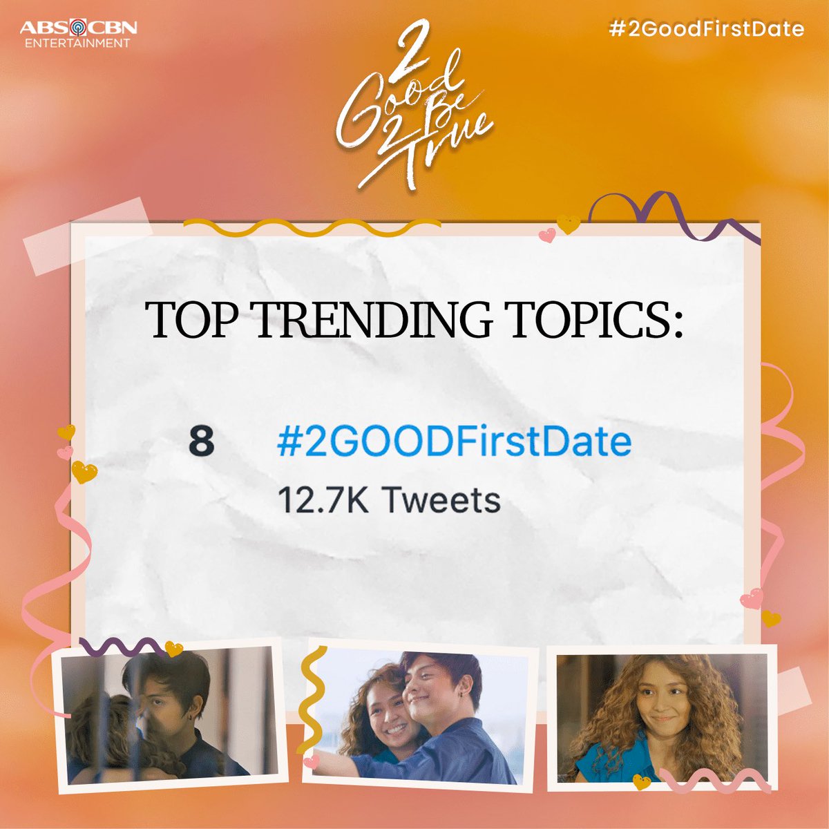 2G2BTabscbn's tweet photo. Maraming Salamat sa pagtutok ngayong gabi mga ka-TRUEpa! #2GoodFirstDate
2 Good 2 Be True, 8:40pm pagkatapos ng Mars Raveloβs Darna sa Kapamilya Channel, Kapamilya Online Live, Jeepney TV, TFC, A2Z Channel 11, at TV5. https://t.co/puYxBBu5wj