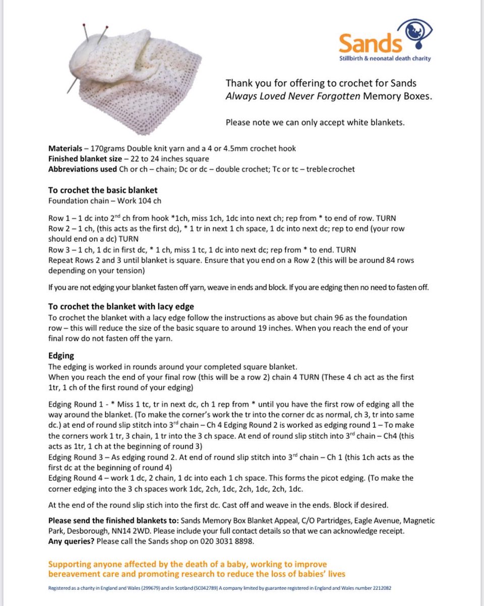 trudydavies1964's tweet photo. Messaged a couple of times for patterns #Sands #MemoryBoxes @SandsUK charity blankets you can either send them direct to them or pop into #Woosnam #Llanidloes & we will send them to #Sands with others donated. #BabyLoseAwarenenessWeek https://t.co/9EP472ARfW