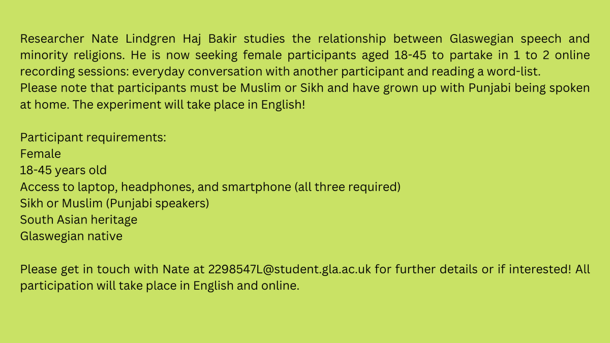 InterfaithGlasg's tweet photo. Interfaith Glasgow's Events and Communications Volunteer Nate Lindgren Haj Bakir is seeking participants for his research: a University of Glasgow Master’s project in Linguistics!

Get in touch with Nate at 2298547L@student.gla.ac.uk for further details or if interested! https://t.co/6p76mu3mj8
