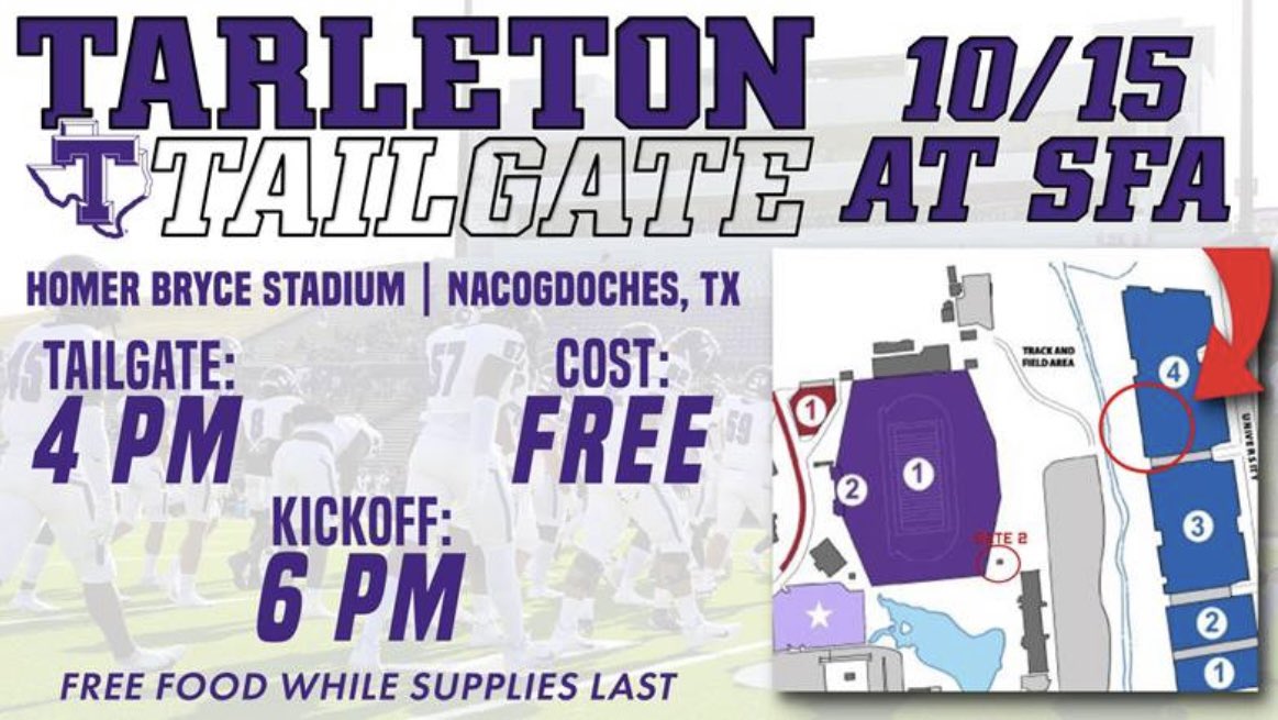 The shuttle for the Tarleton game at SFA on 10/15 will be at 10AM located at the Baseball/Softball field parking lot. Tailgating will begin at 4PM with the game starting at 6PM. Departure from the game will be immediately following the game. #BleedPurple