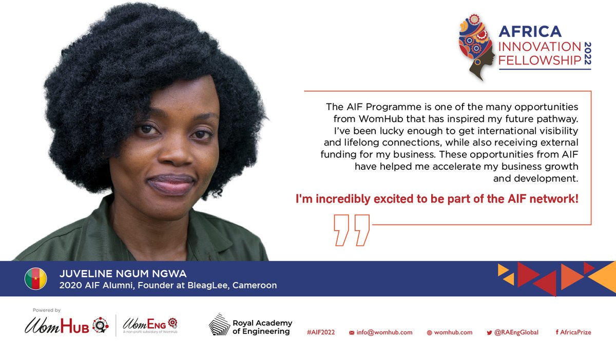 WomHub (@womhub) on Twitter photo Building companies in Africa is tough. Thanks to programmes like #AIF2022 in partnership with the <a href="/RAEngGlobal/">RAEngGlobal</a>, <a href="/JuvelineNgum/">Juveline Ngum</a> has scaled, grown and raised capital for her business. What can AIF do for you?
See link to Apply today: womhub.com/open-applicati…
#ignitetheecosystem Building companies in Africa is tough. Thanks to programmes like #AIF2022 in partnership with the <a href="/RAEngGlobal/">RAEngGlobal</a>, <a href="/JuvelineNgum/">Juveline Ngum</a> has scaled, grown and raised capital for her business. What can AIF do for you?
See link to Apply today: womhub.com/open-applicati…
#ignitetheecosystem