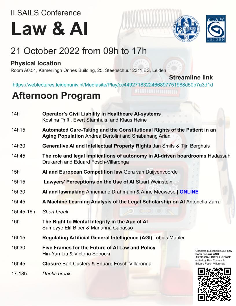 eduardfosch's tweet photo. 🚨CONFERENCE ALERT! 21 Oct 2022 @eLaw_Leiden from @LeidenLaw @UniLeiden is hosting the second @sails_Leiden conference on #Law and #AI where we will launch our new book on Law and AI: https://t.co/4Q4vjbaN3h. On-site or online, don't miss it! https://t.co/GYhXKWvQNY