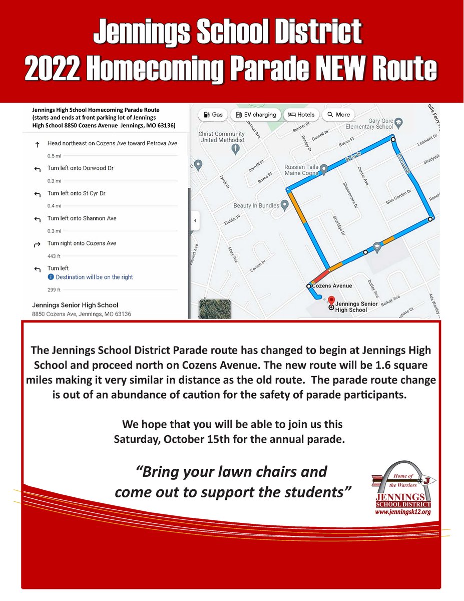 Check below the new route for the Jennings School District Parade on Saturday, October 15th.