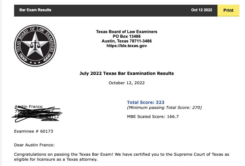 austinrfranco's tweet photo. I passed the bar exam.

Thank you so much to my family, friends, school, etc. We did the damn thing! https://t.co/jkFjx0l6GF