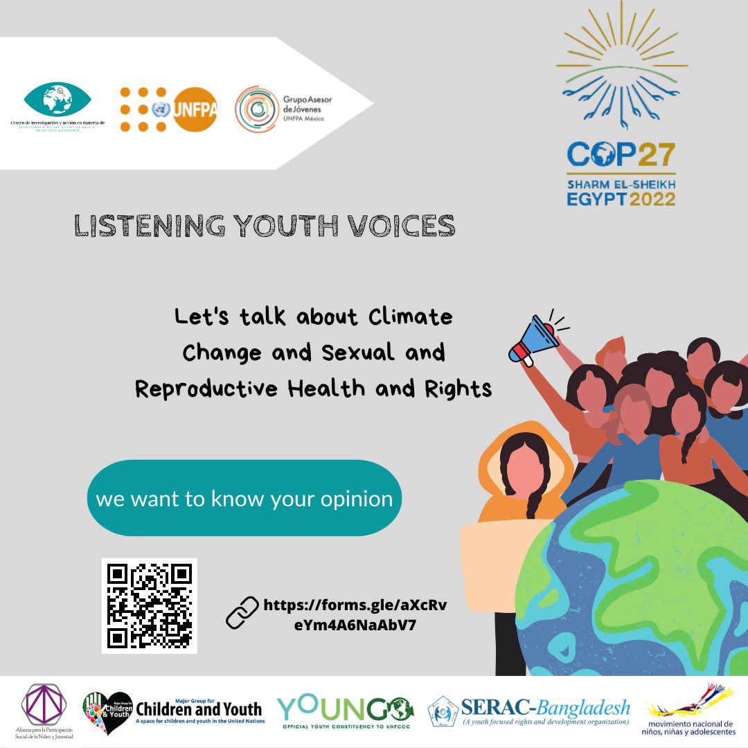 UNYouthAffairs's tweet photo. How do young people understand links between #ClimateChange and Sexual &amp; Reproductive Health and Rights (#SRHR)? Is climate justice reproductive justice? 🤔

Share your opinion with @UNFPA and partners ahead of #COP27 if you are between the age of 15-35 👉 https://t.co/EHFeo6PBpr https://t.co/sepIj42Wka
