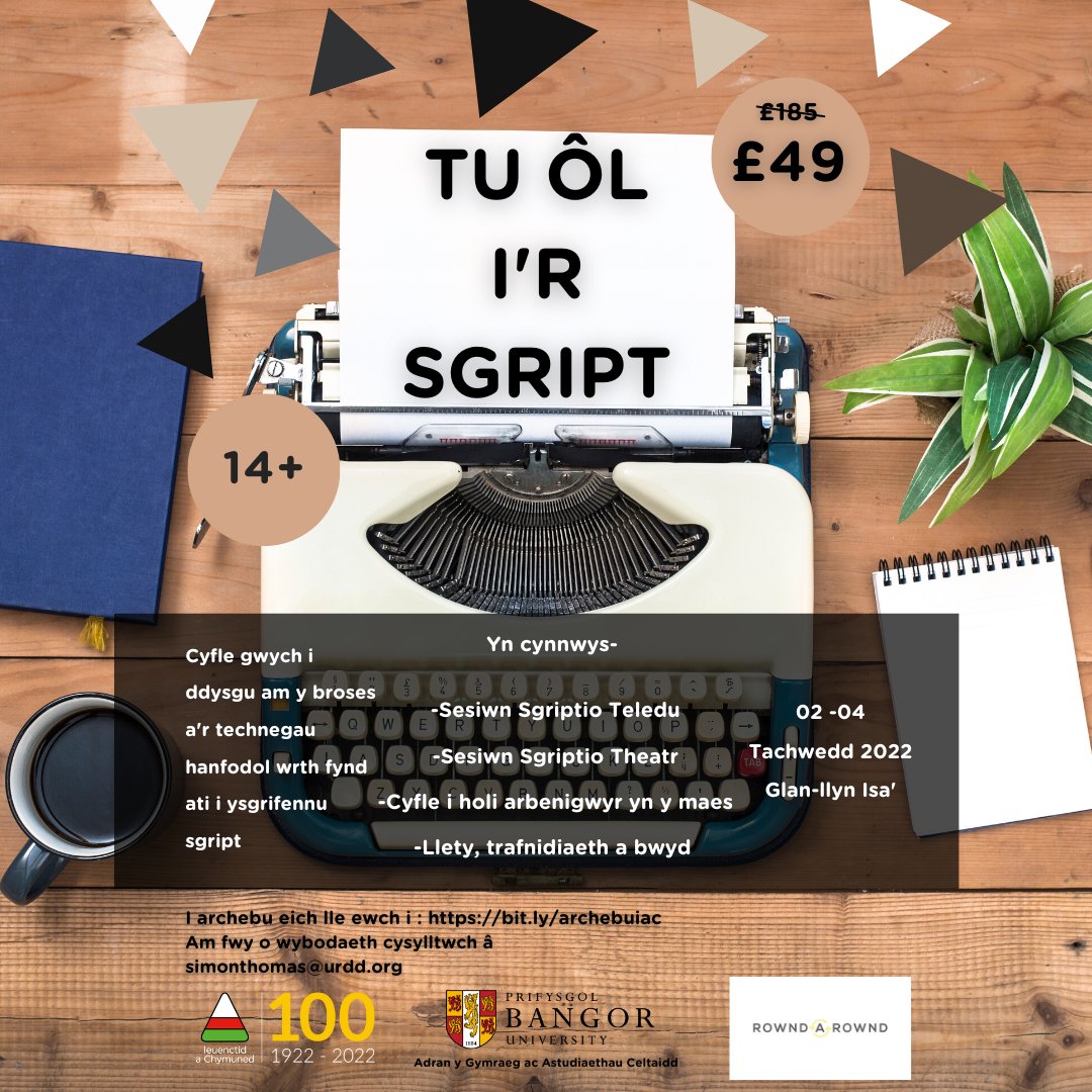 Diddordeb mewn sgriptio? 
Ymuna ar y cwrs arbennig hwn i ddatblygu dy sgiliau.
£49
Bydd trafnidiaeth ar gael 
Gyda Prifysgol Bangor a Rownd a Rownd!
Linc archebu: bit.ly/archebuiac
@bro_dur <a href="/YsgolYstalyfera/">Ystalyfera - Bro Dur</a> <a href="/bryntawe/">Ysgol Bryn Tawe</a> <a href="/yggwyr/">yggwyr</a> <a href="/AelwydyrElyrch/">Aelwyd yr Elyrch</a> <a href="/ColGwyrAbertawe/">Coleg Gŵyr Abertawe</a> @Cymraeg_NPTC