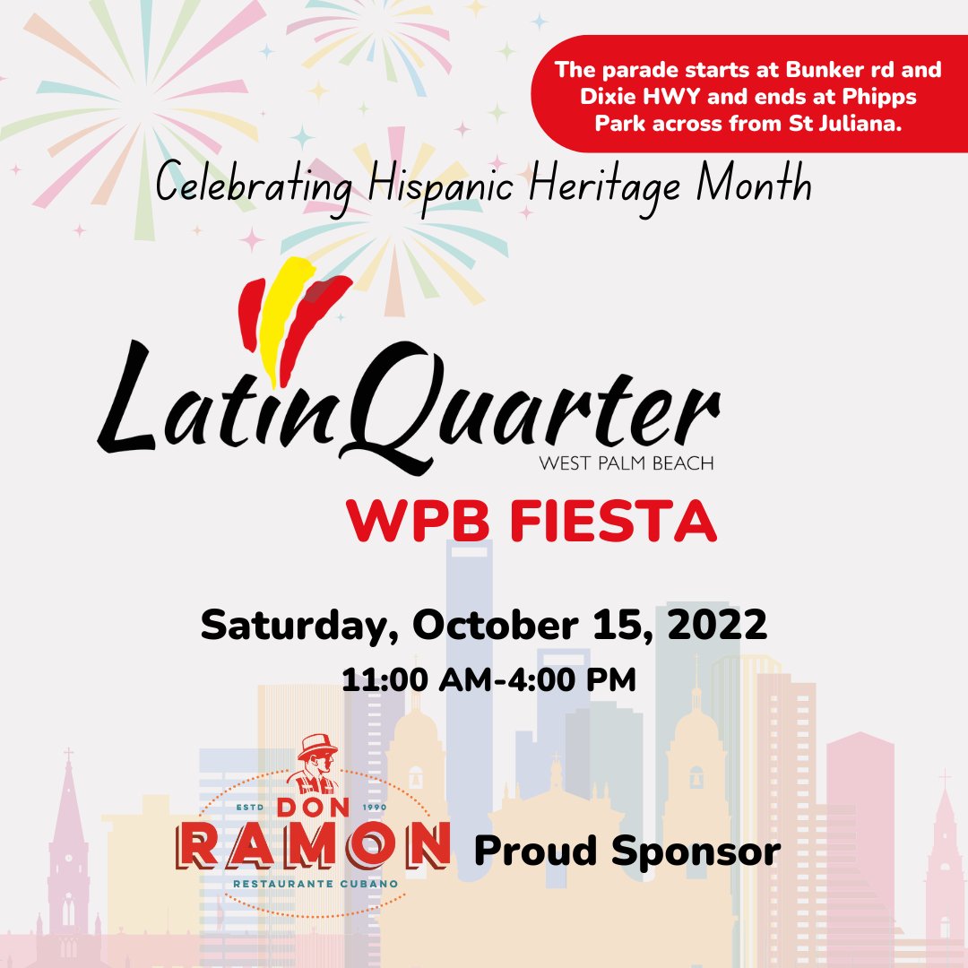 DonRamonDixie's tweet photo. #DonRamonDixie is a proud #sponsor of the #LatinQuarterWPBFiesta! We look forward to celebrating #HispanicHeritageMonth THIS SATURDAY, October 15th!!
Want to join us? Book now π https://t.co/A8eNXxtzee
#pbcevent #eventolatino #wpblatinos #palmbeachcountyevents https://t.co/aCskqKjjPY