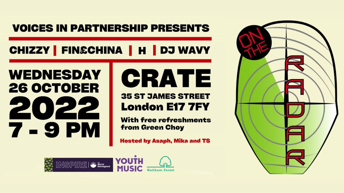 Enjoy an amazing night of live music &amp; good vibes from young creative talent Voices in Partnership @CRATESJS on Wed 26 Oct. Featuring rap artists Chizzy, Fin£China, H + DJ Wavy playing hip hop, R'n'B, dancehall, Afrobeats &amp; old skool. Book free tickets - bit.ly/ontheradar2022