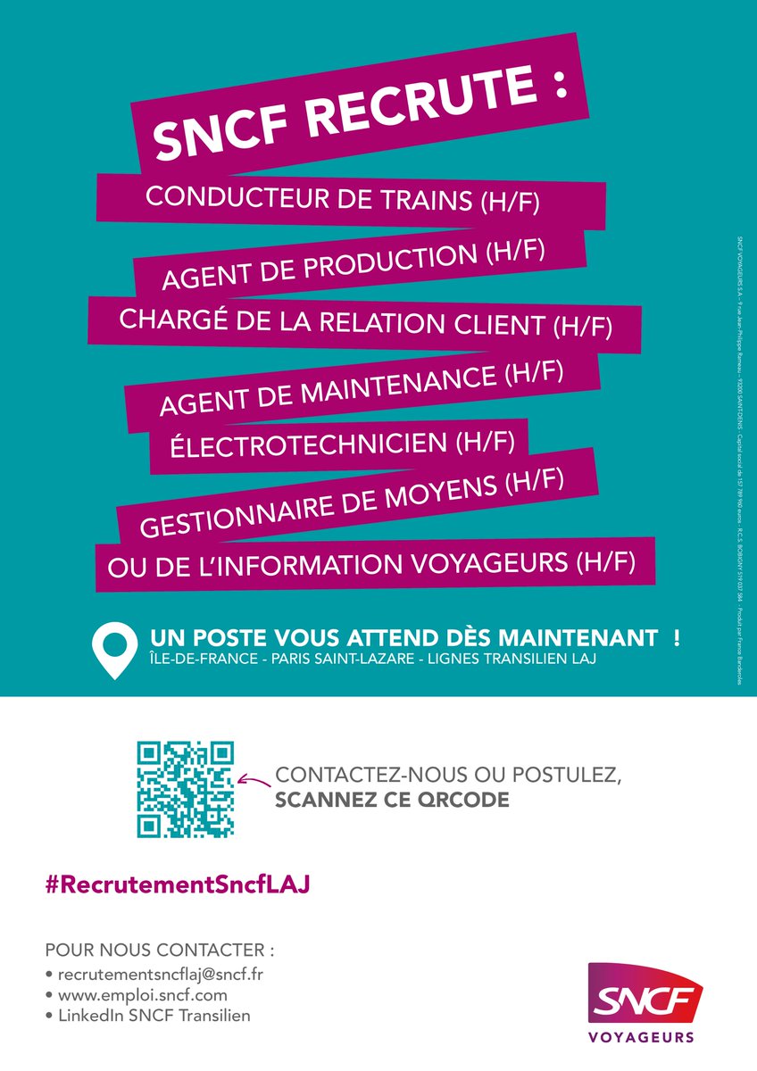 VilleArgenteuil's tweet image. La SNCF🚄déploie un dispositif de recrutement localisé centré spécifiquement sur les besoins ferroviaires : les candidatures sont reçues directement au sein de la Direction des Lignes Transilien J, L et A.
ℹ️ recrutementsncflaj@sncf.fr
@SNCF @LIGNEJ_SNCF @LIGNEL_sncf